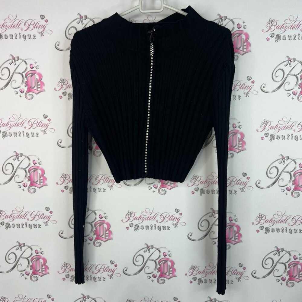 Belldini sweater rhinestone bling zipper cropped Black Ribbed Zip-Up Crop Top